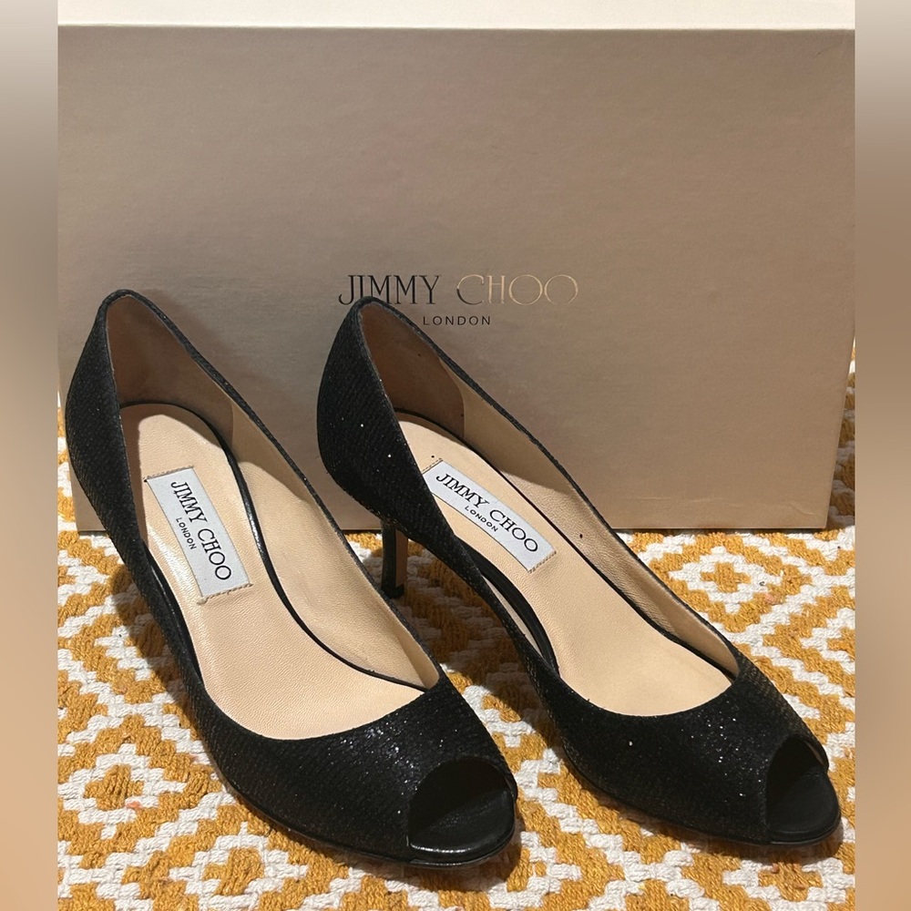 BNWT ✨JIMMY CHOO✨ Black Glitter Kitten Heels (US 5.5/EU 36)